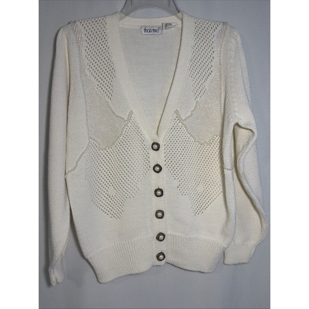 Vintage That’s Me Women’s Medium Cardigan Cream Pearls Button